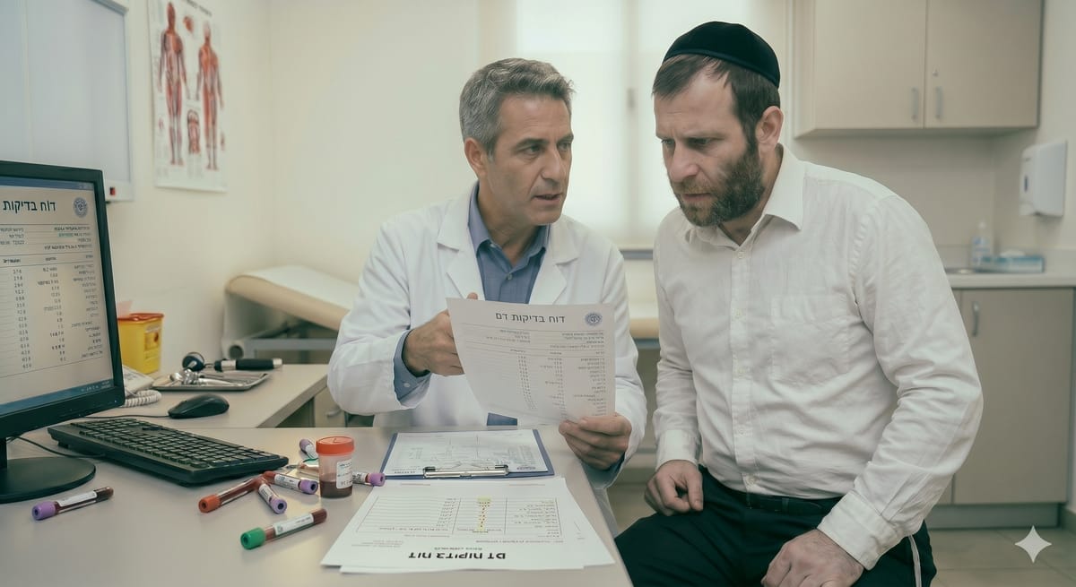 רופא מסביר תוצאות בדיקות דם